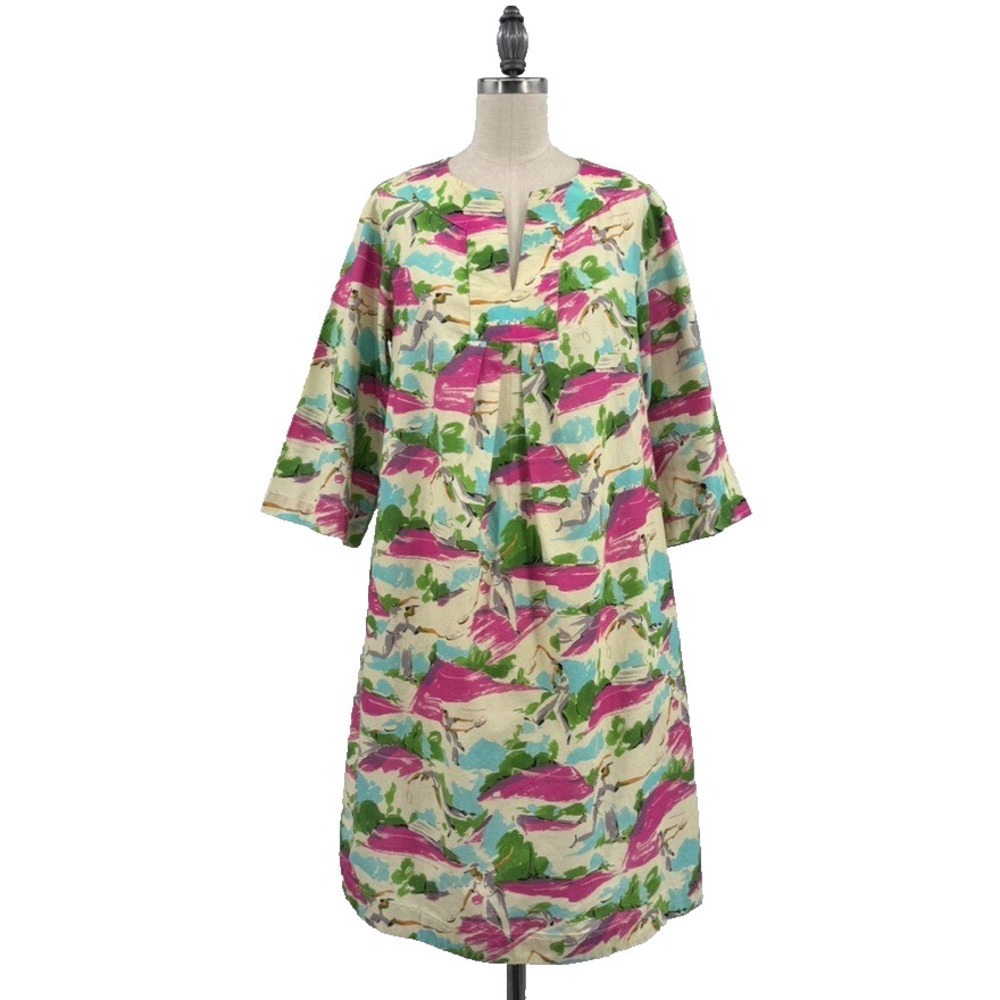 Frances Valentine S Cotton Printed Tunic Shift Dress Pink Green Resort Preppy